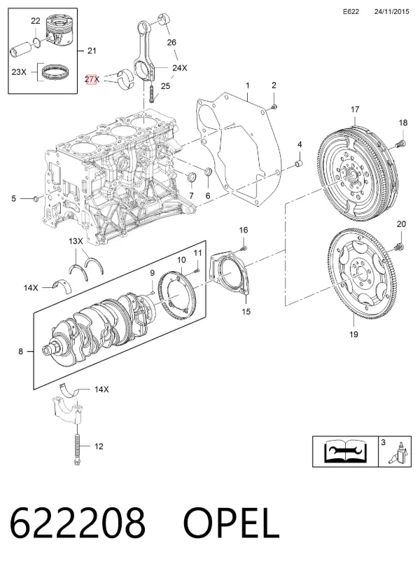 Вкладиші колінвалу, шатунні, комплект, 3-й ремонт (+0,75) 622208 Opel