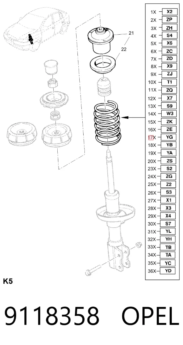 Пружина передня 9118358 Opel