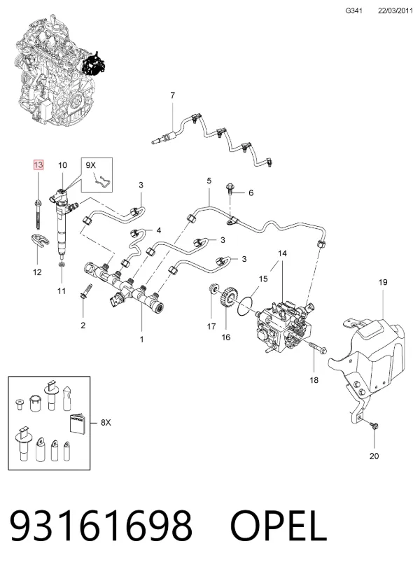 Болт кріплення форсунки 93161698 Opel