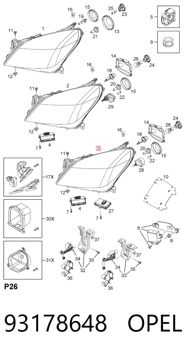 Фара права 93178648 Opel