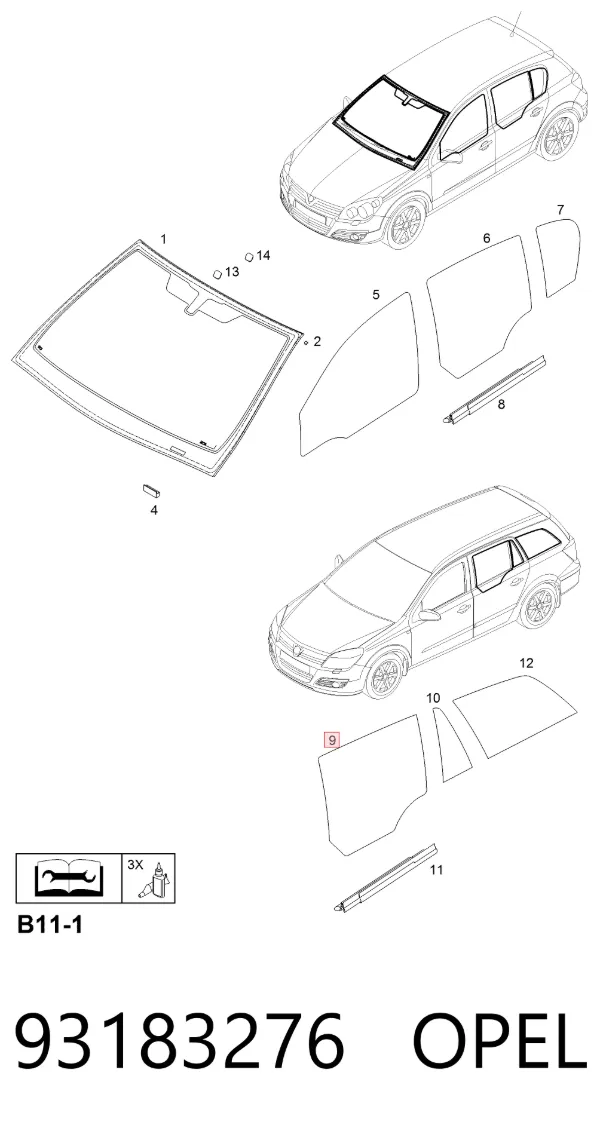 Скло задньої двері правої 93183276 Opel
