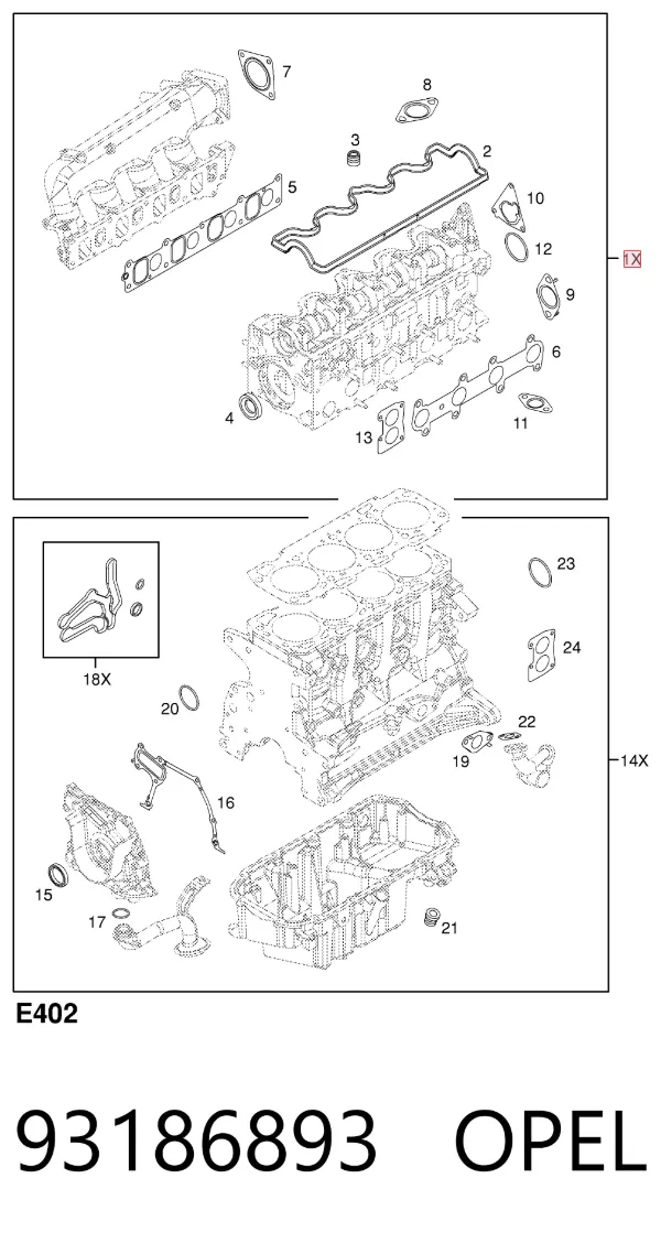 Комплект прокладок двигуна, верхній 93186893 Opel
