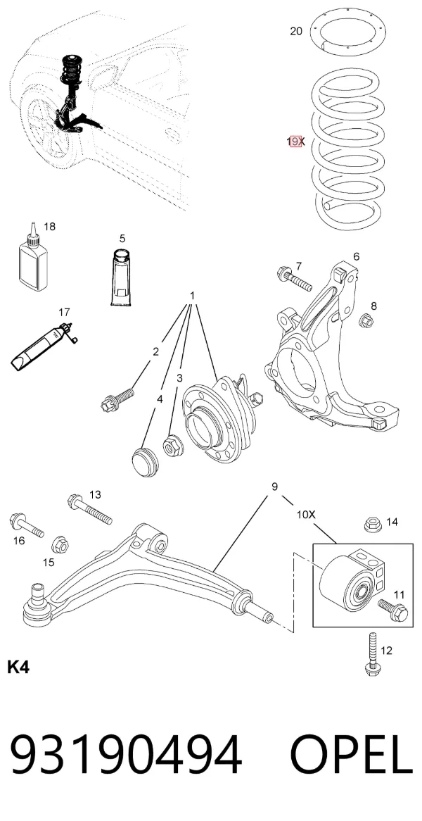 Пружина передня 93190494 Opel