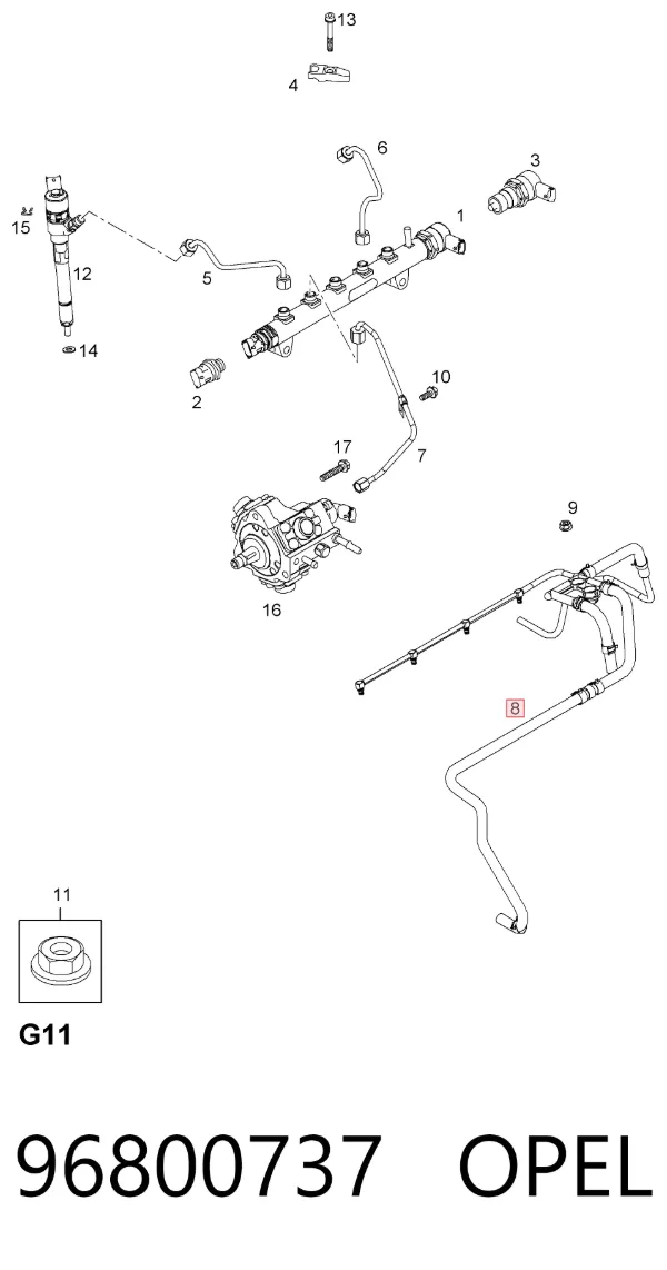 Трубка паливна, зворотня від форсунок 96800737 Opel