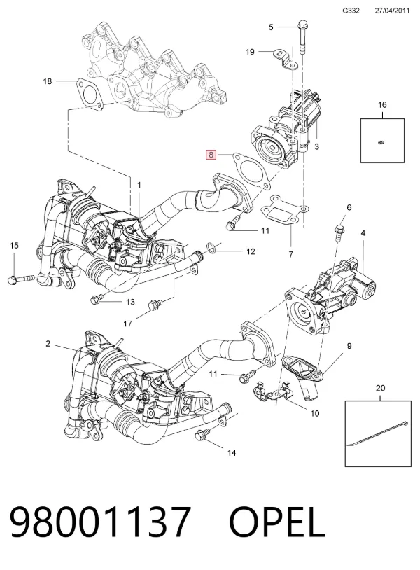 Прокладка EGR-клапана рециркуляції 98001137 Opel