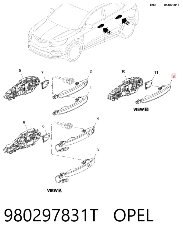 Ручка задньої двері зовнішня ліва 980297831T Opel