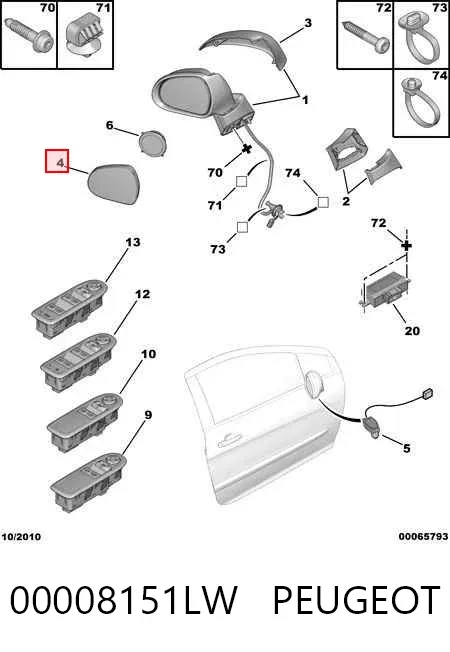 Дзеркальний елемент дзеркала заднього виду, правого 00008151LW Peugeot/Citroen