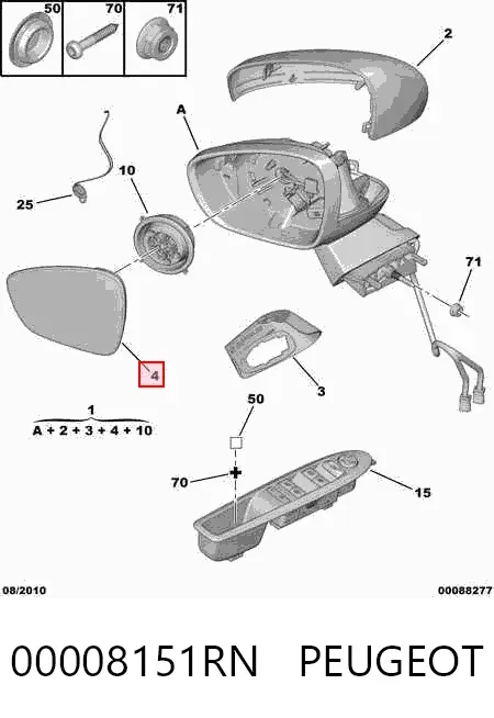 Дзеркальний елемент дзеркала заднього виду, лівого 00008151RN Peugeot/Citroen