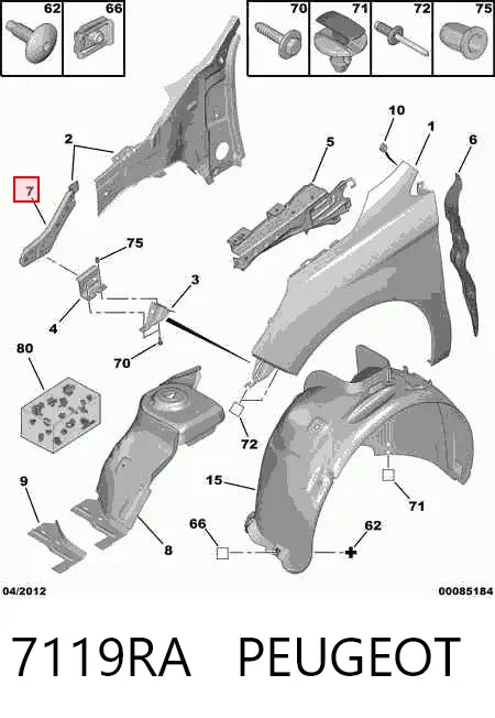 Кронштейн кріплення крила переднього лівого, передній 7119RA Peugeot/Citroen