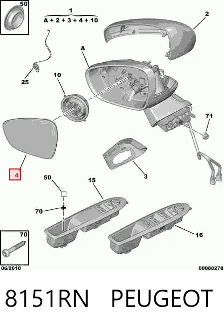 Дзеркальний елемент дзеркала заднього виду, лівого 8151RN Peugeot/Citroen