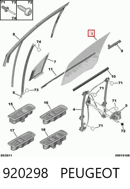 Скло передніх дверей, правою 920298 Peugeot/Citroen