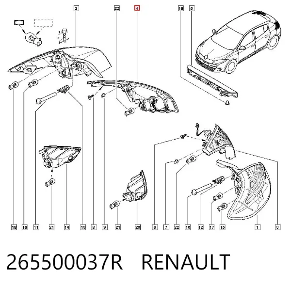Ліхтар задній правий, внутрішній 265500037R Renault (RVI)