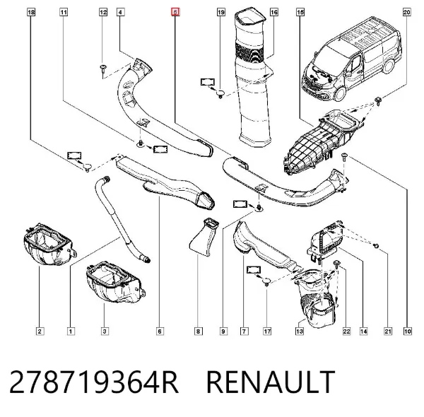 Повітропровід, розподільник повітря під "торпедо", лівий 278719364R Renault (RVI)