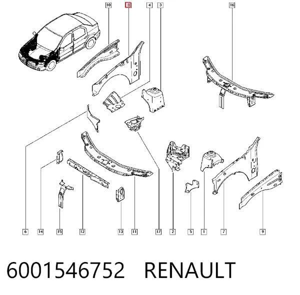 Панель бризковика (лонжерону) моторного відсіку, права 6001546752 Renault (RVI)