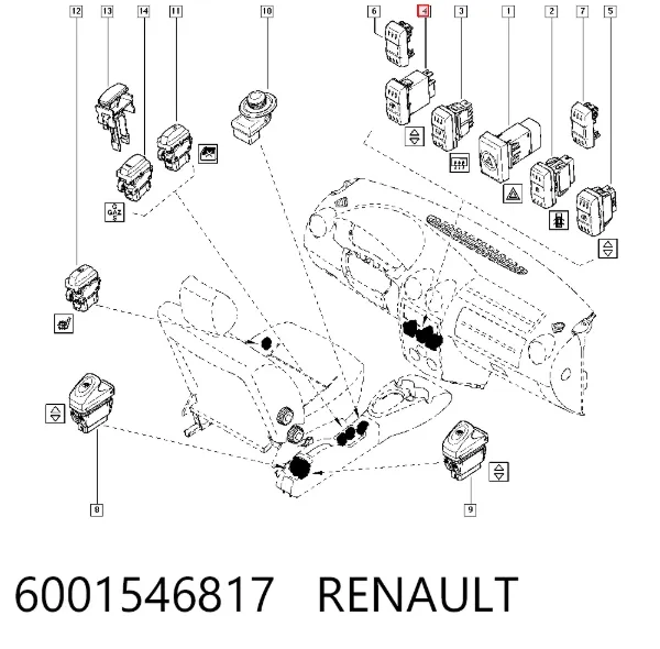 Кнопка вмикання двигуна склопідіймача центральної консолі 6001546817 Renault (RVI)