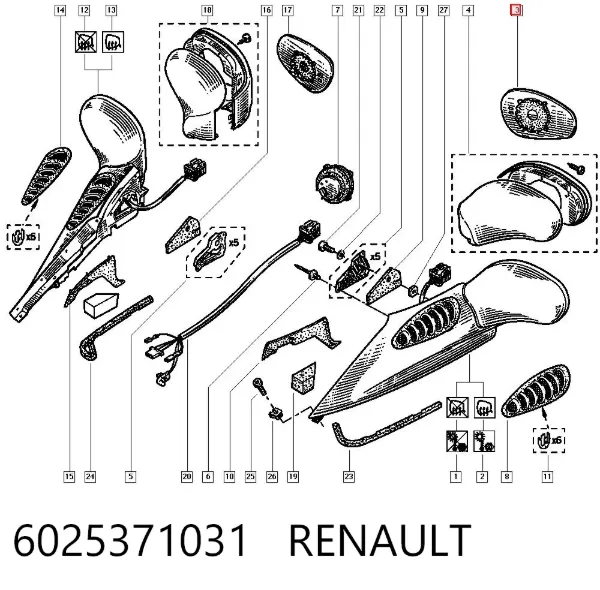 Дзеркальний елемент дзеркала заднього виду, лівого 6025371031 Renault (RVI)