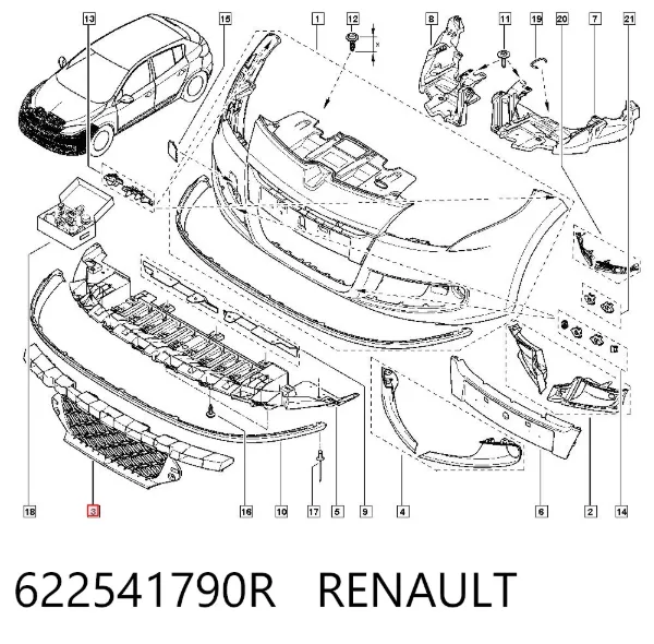 Решітка переднього бампера, центральна 622541790R Renault (RVI)