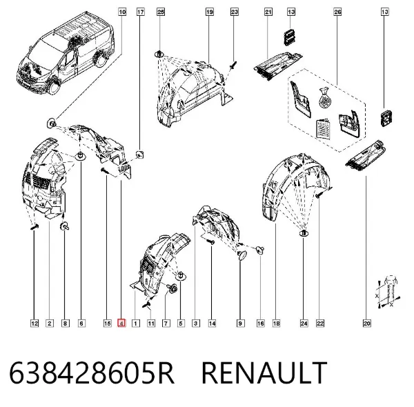 Підкрилок переднього крила, правий задній 638428605R Renault (RVI)