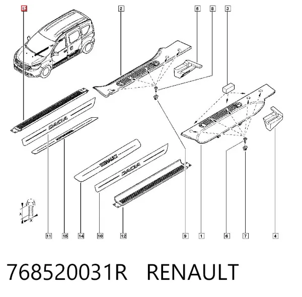 Накладка дверного порогу внутрішня, передня комплект 768520031R Renault (RVI)