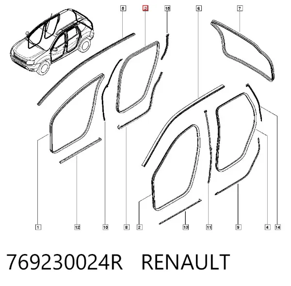 Ущільнювач двері задньої правої (на кузові) 769230024R Renault (RVI)
