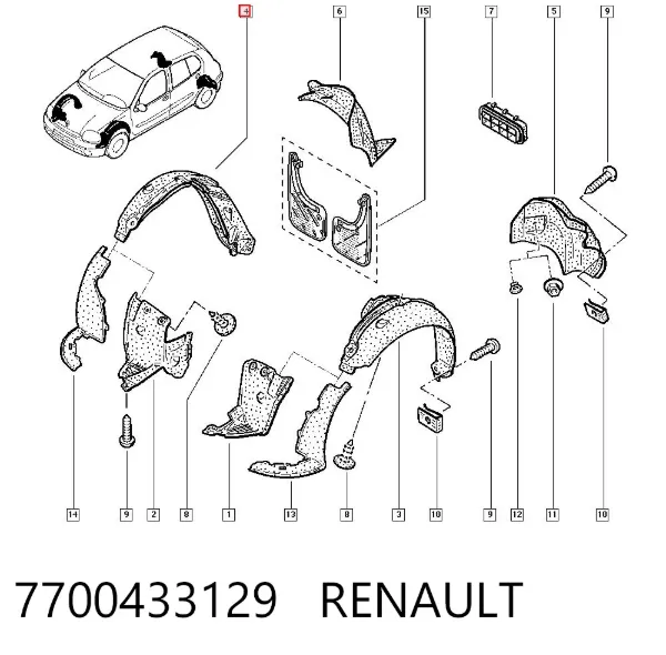 Підкрилок переднього крила, правий задній 7700433129 Renault (RVI)