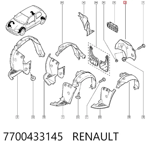 Підкрилок заднього крила, лівий 7700433145 Renault (RVI)