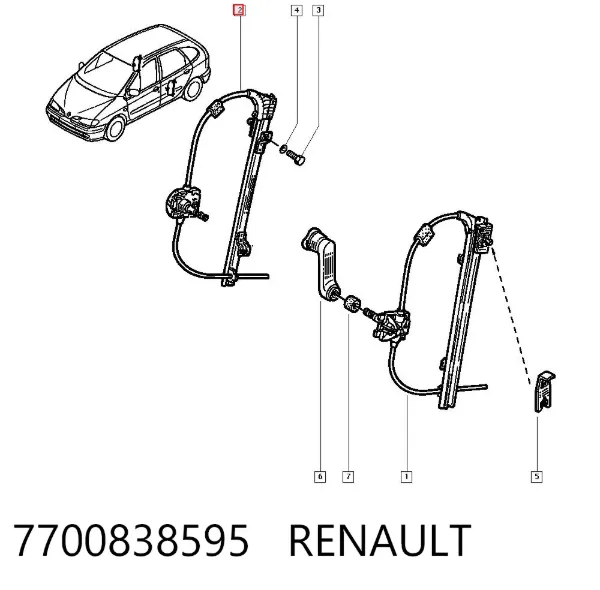 Механізм склопідіймача двері задньої, правої 7700838595 Renault (RVI)
