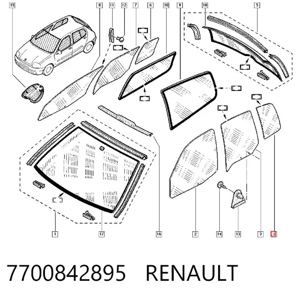 Скло-кватирка двері, задній, лівою 7700842895 Renault (RVI)