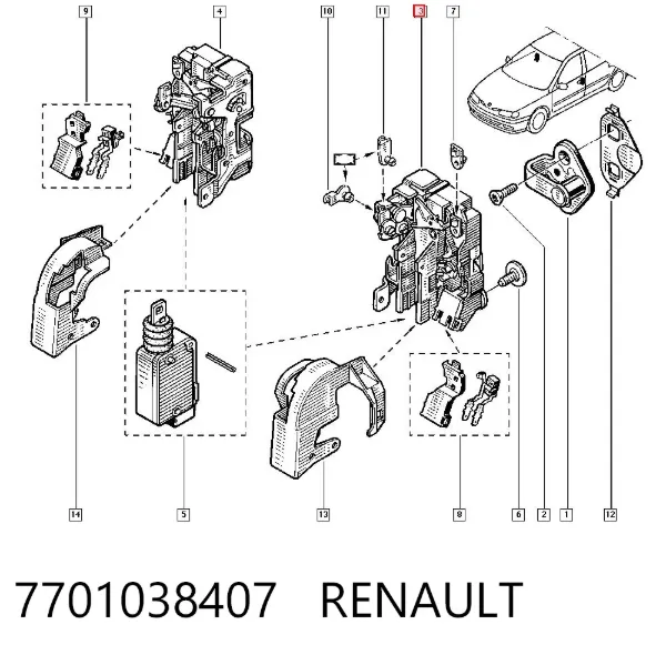 Замок передньої лівої двері 7701038407 Renault (RVI)