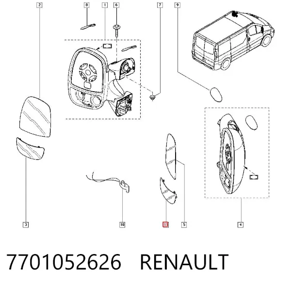 Дзеркальний елемент дзеркала заднього виду, правого 7701052626 Renault (RVI)