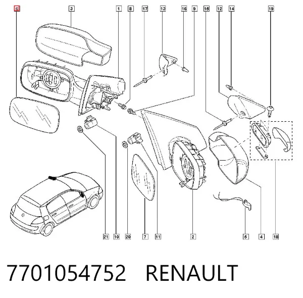 Дзеркальний елемент дзеркала заднього виду, лівого 7701054752 Renault (RVI)