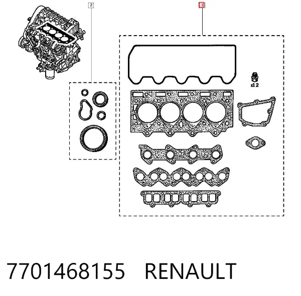 Комплект прокладок двигуна, верхній 7701468155 Renault (RVI)