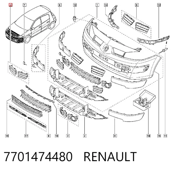Заглушка/ решітка протитуманних фар бампера переднього 7701474480 Renault (RVI)