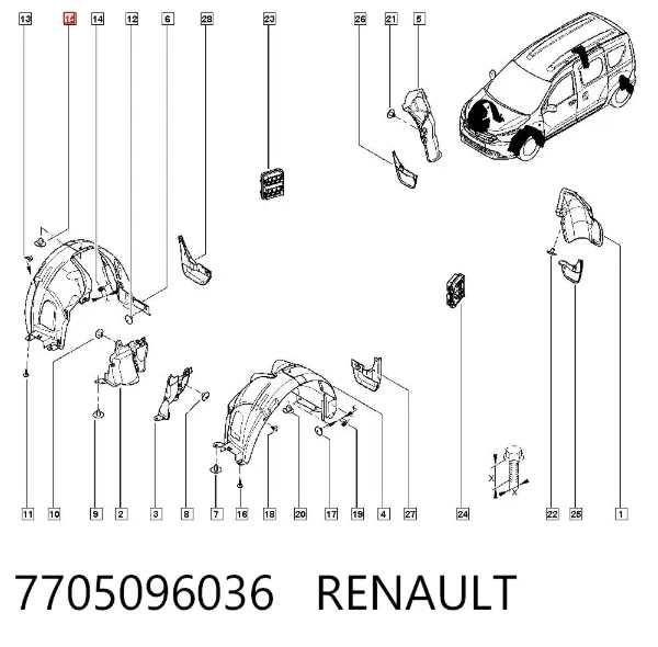 Пістон (кліп) кріплення підкрилки переднього крила 7705096036 Renault (RVI)