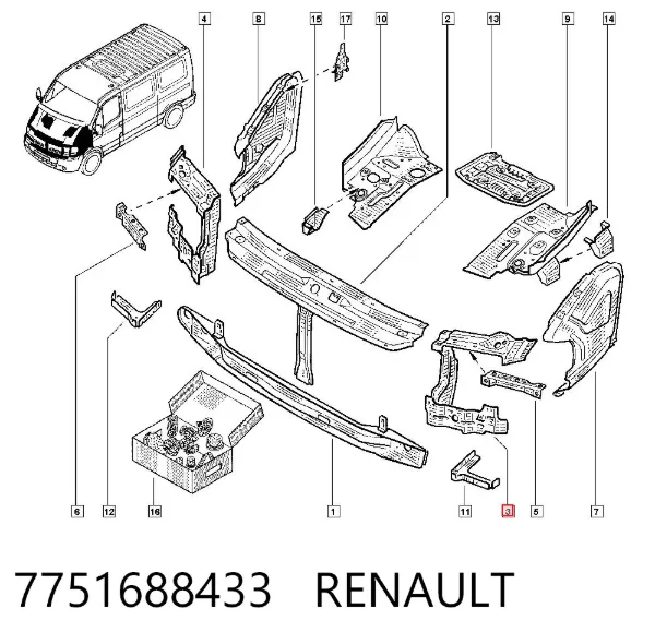 Супорт радіатора лівий/монтажна панель кріплення фар 7751688433 Renault (RVI)