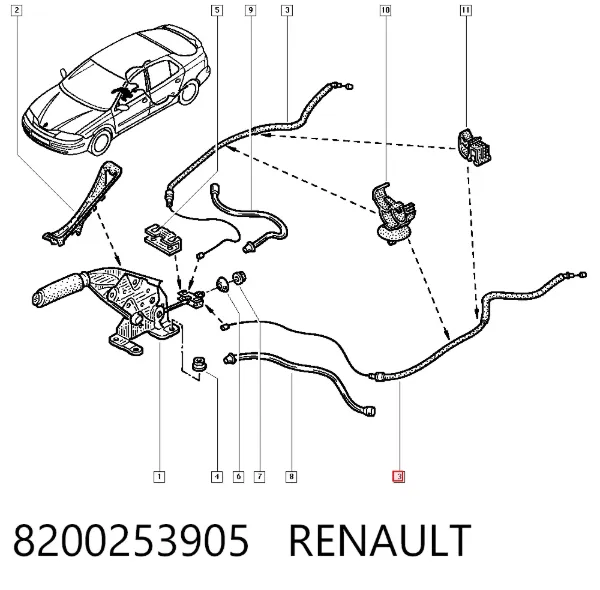 Трос ручного гальма задній, правий/лівий 8200253905 Renault (RVI)
