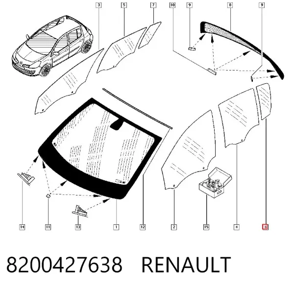 Скло-кватирка двері, задній, лівою 8200427638 Renault (RVI)