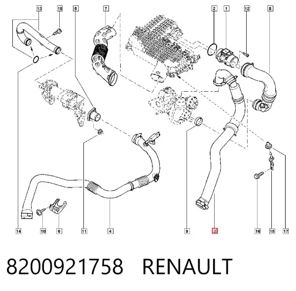 Патрубок повітряний, вихід з турбіни (наддув) 8200921758 Renault (RVI)