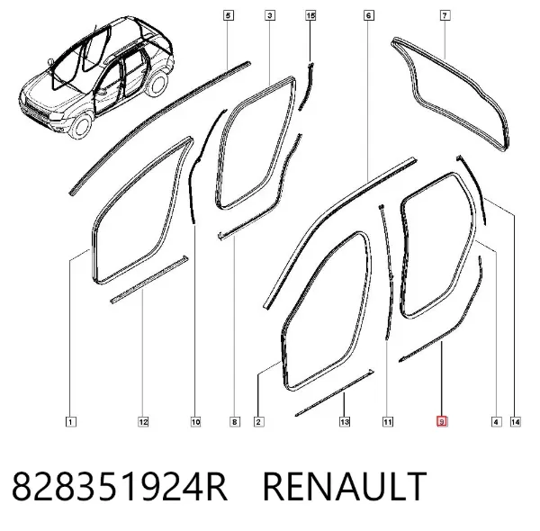 Ущільнювач двері задньої лівої (на кузові) 828351924R Renault (RVI)