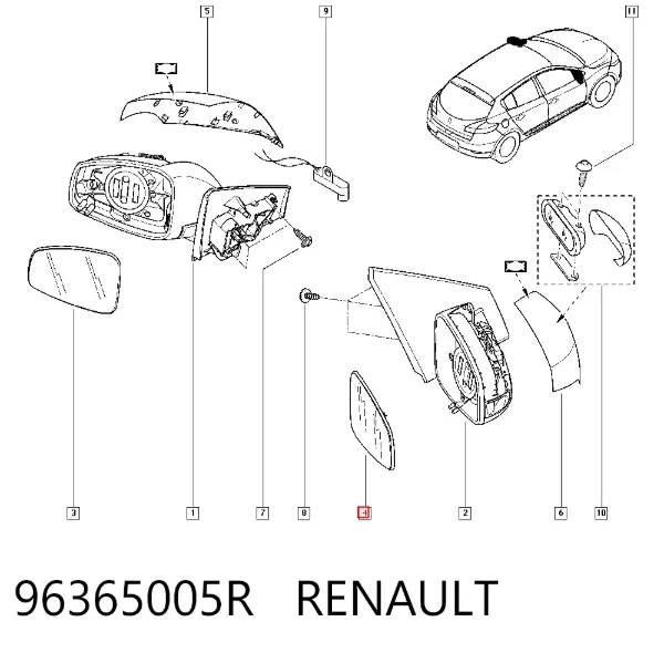 Дзеркальний елемент дзеркала заднього виду, правого 96365005R Renault (RVI)