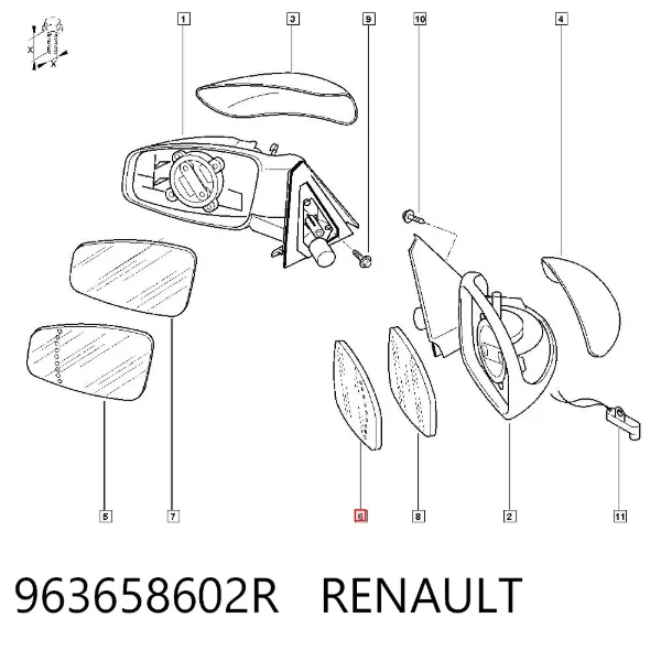 Дзеркальний елемент дзеркала заднього виду, правого 963658602R Renault (RVI)
