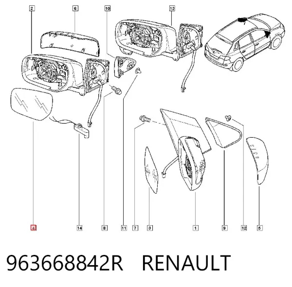 Дзеркальний елемент дзеркала заднього виду, лівого 963668842R Renault (RVI)