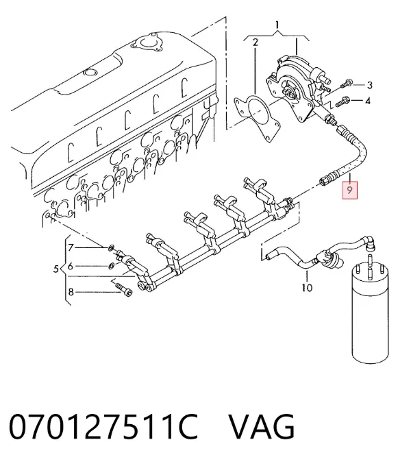 Трубка паливна, від ПНВТ до паливної рейки 070127511C VAG