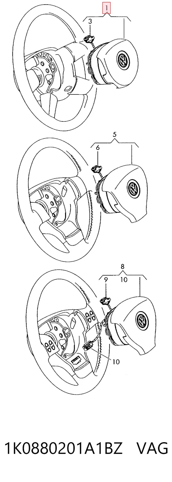 Подушка безпеки, водійська, AIRBAG 1K0880201A1BZ VAG