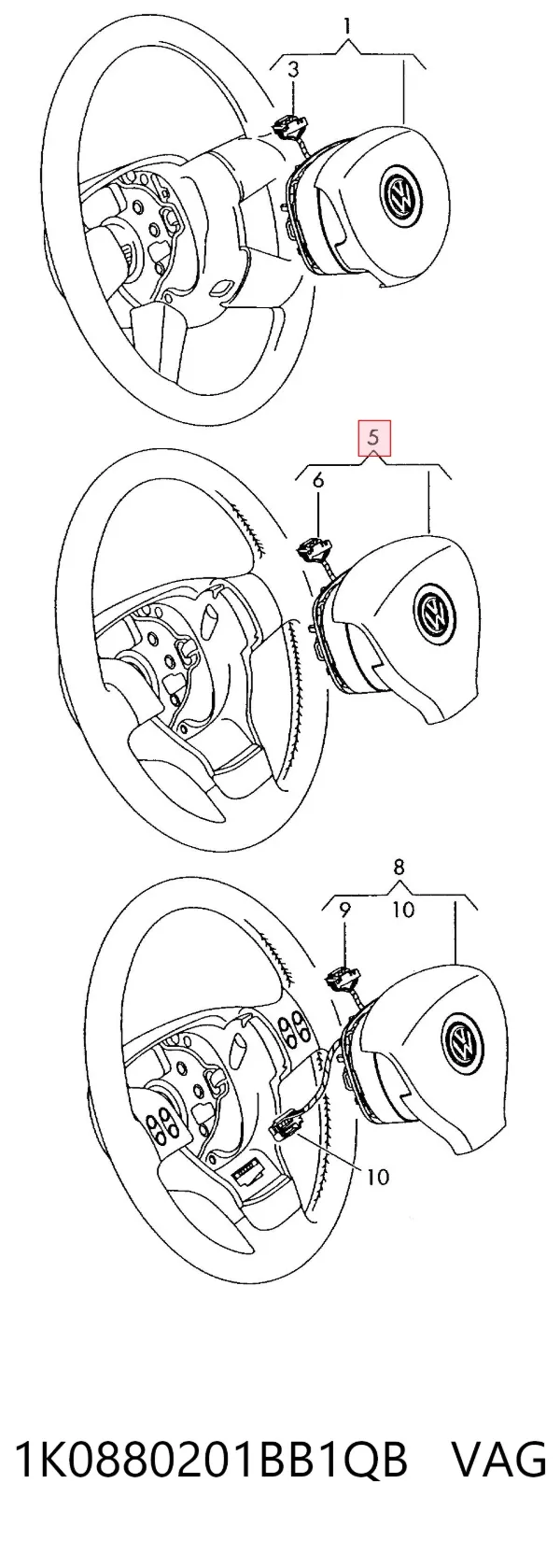Подушка безпеки, водійська, AIRBAG 1K0880201BB1QB VAG