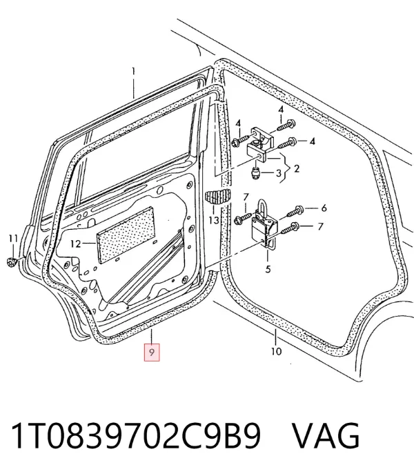 Ущільнювач двері задньої правої (на двері) 1T0839702C9B9 VAG