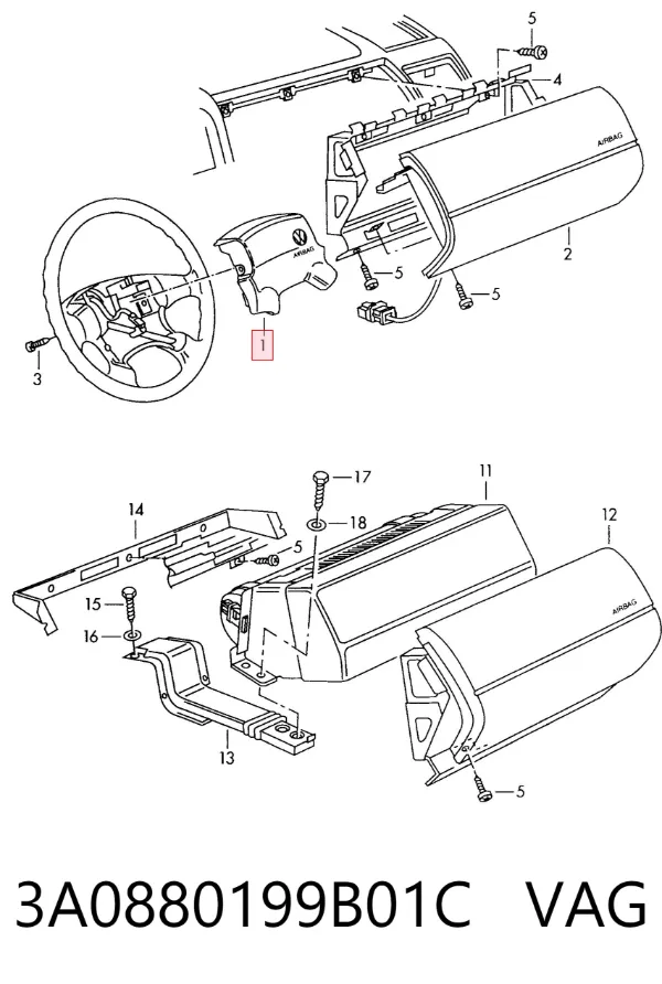 Подушка безпеки, водійська, AIRBAG 3A0880199B01C VAG