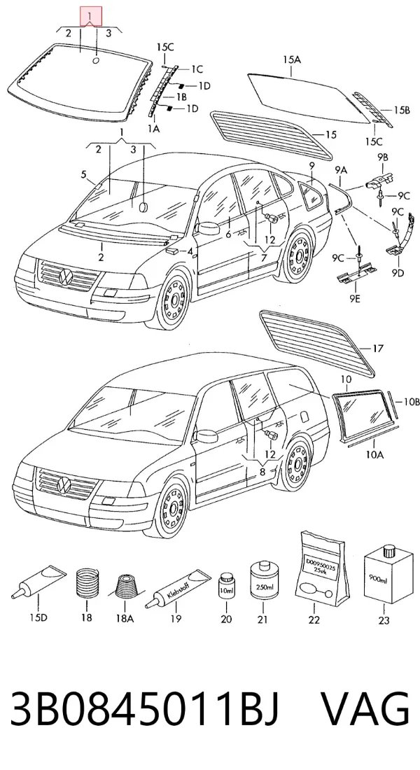 Лобове скло 3B0845011BJ VAG