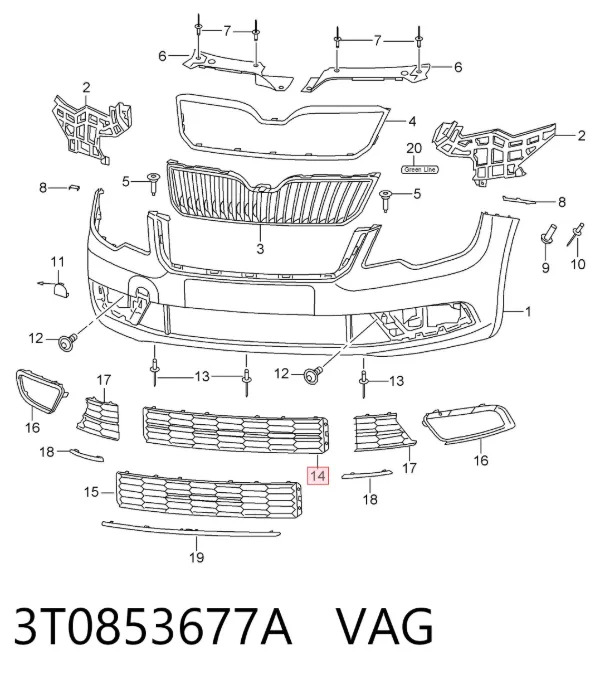 Решітка переднього бампера, центральна 3T0853677A VAG
