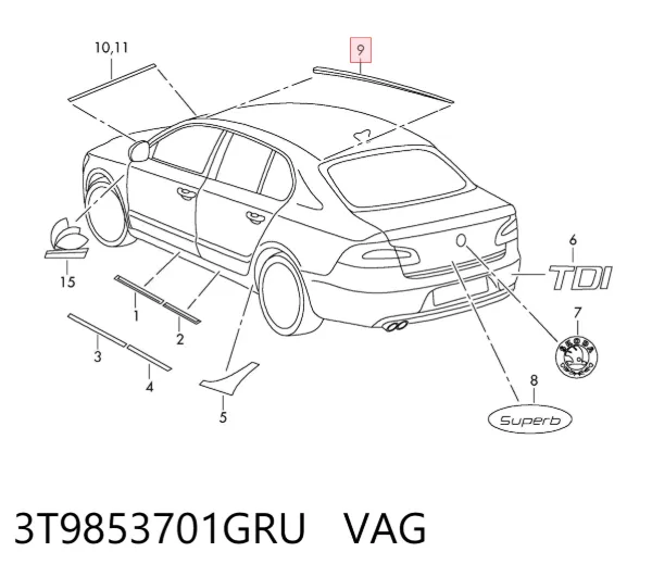 Молдинг даху, лівий 3T9853701GRU VAG